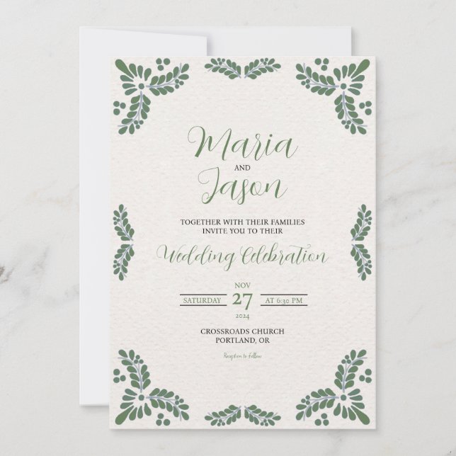 Mexican Talavera Green Floral Minimalist Wedding Inbjudningar (Framsida)