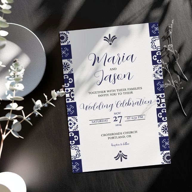 Mexican Talavera Majolica Navy Blue White Wedding Inbjudningar (Mexican Talavera Majolica Navy Blue White Wedding Invitation)