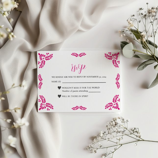 Mexican Talavera Pink Floral Minimalist Wedding OSA Kort (Mexican Talavera Pink Floral Minimalist Wedding RSVP Card)