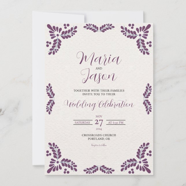 Mexican Talavera Purple Floral Minimalist Wedding Inbjudningar (Framsida)
