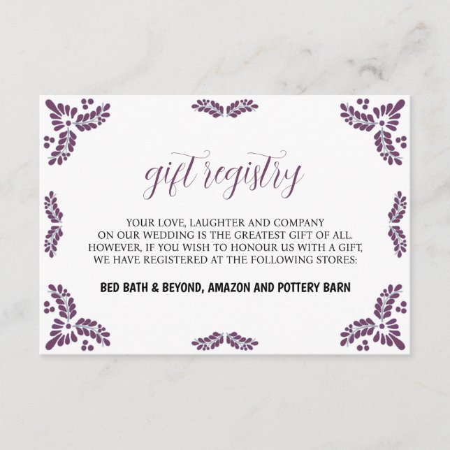 Mexican Talavera Purple Floral Minimalist Wedding Tilläggskort (Framsida)