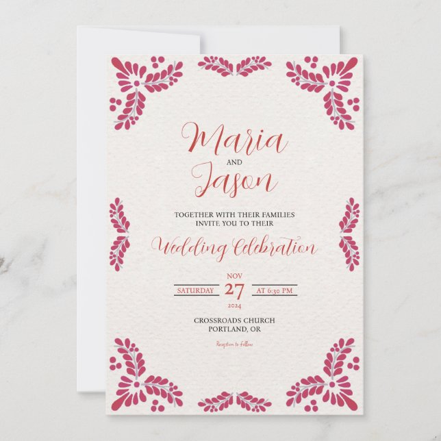 Mexican Talavera Red Floral Minimalist Wedding Inbjudningar (Framsida)