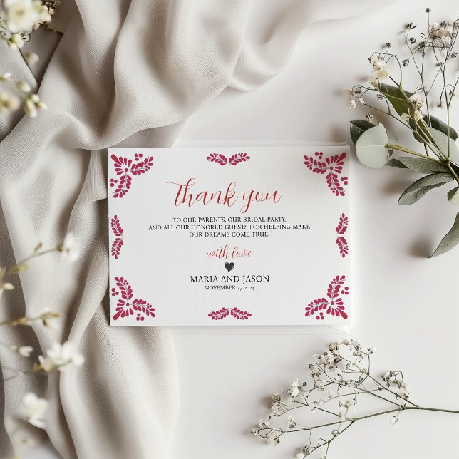 Mexican Talavera Red Floral Minimalist Wedding Tack Kort (Mexican Talavera Red Floral Minimalist Wedding Thank You Card)