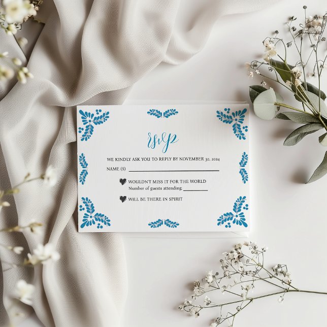 Mexican Talavera Turquoise Minimalist Wedding OSA Kort (Mexican Talavera Turquoise Minimalist Wedding RSVP Card)