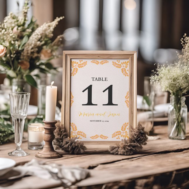 Mexican Talavera Yellow Floral Minimalist Wedding Bordsnummer (Mexican Talavera Yellow Floral Minimalist Wedding Table Number)