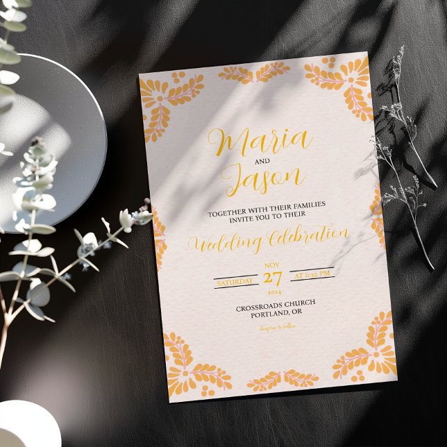 Mexican Talavera Yellow Floral Minimalist Wedding Inbjudningar (Mexican Talavera Yellow Floral Minimalist Wedding Invitation)