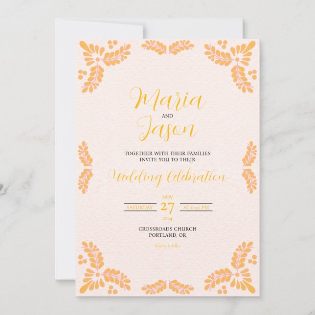 Mexican Talavera Yellow Floral Minimalist Wedding Inbjudningar (Framsida)