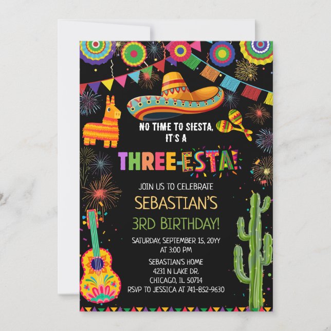 Mexican Three-Esta 3rd Birthday Party Inbjudningar (Framsida)