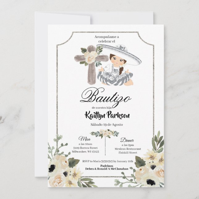 Mexican White Silver Charra Gir Bautizo-inbjudan Inbjudningar (Framsida)