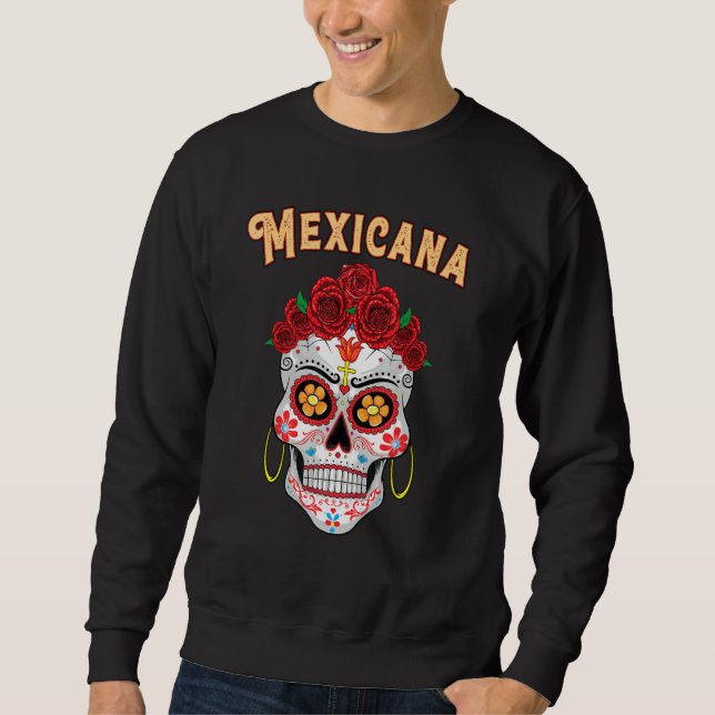 Mexicana Proud Latina Red Roses Sugar Skull Day of Lång Ärmad Tröja (Framsida)