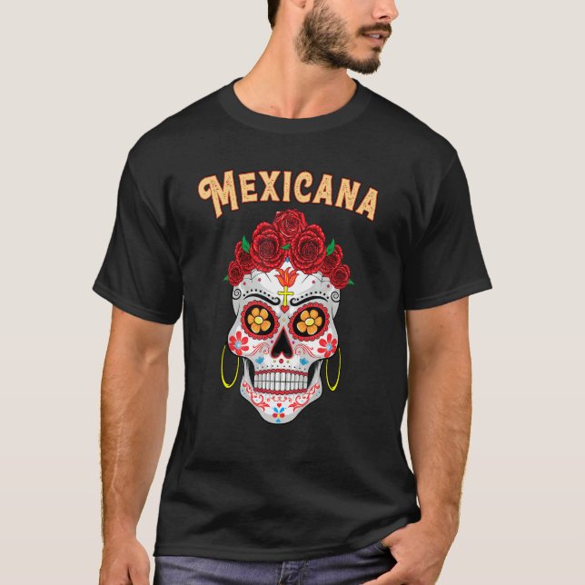 Mexicana Proud Latina Red Roses Sugar Skull Day of T Shirt (Framsida)