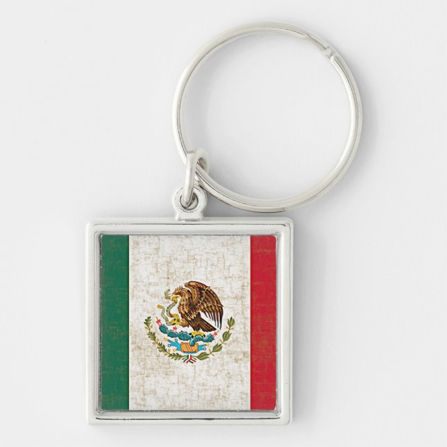 MEXICANSK FLAGGA Keychain Fyrkantig Silverfärgad Nyckelring (Framsidan)