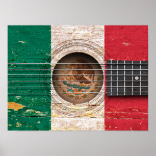 Mexicansk flagga på den gammala akustiska gitarren poster