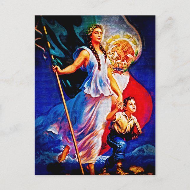 Mexicansk flaggakvinna och barn vykort (Framsida)