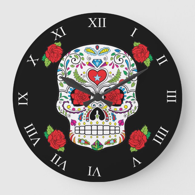 Mexicansk tatueringsockerskalle och röd ros stor klocka (Framsida)