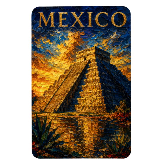 Mexico: Aesthetic Sunset Chichen Itza Art Souvenir Magnet (Vertikal)