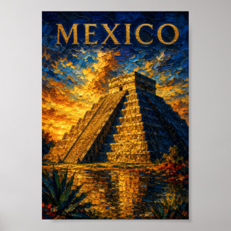 Mexico: Aesthetic Sunset Chichen Itza Art Souvenir Poster