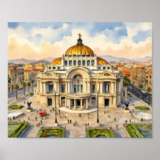 Mexico City Akvarell Konsttryck Poster