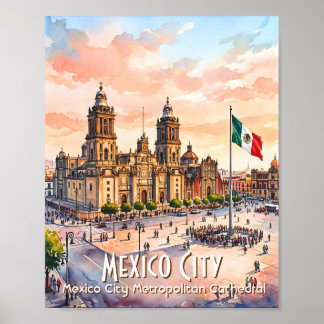 Mexico City Katolska Katedral Vattenfärg Resa Poster