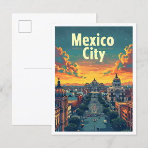 Mexico City Vintage Art Travel Illustration Vykort