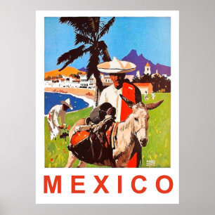 Mexico mexicansk man med åsnan vid kusten poster