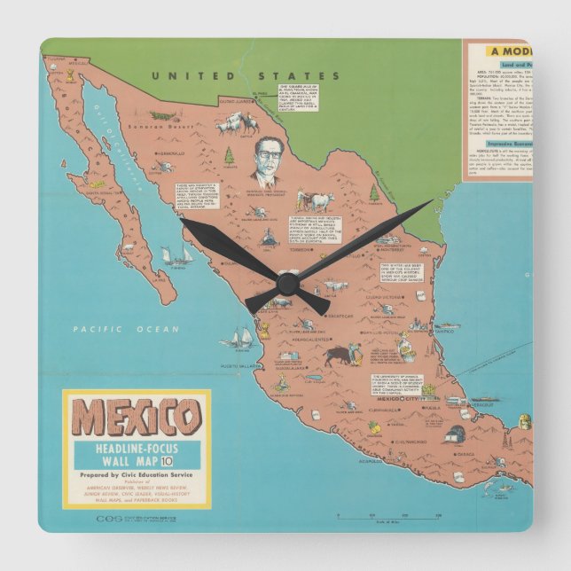 Mexico - Rubrik-Fokusera väggkartan Fyrkantig Klocka (Framsida)