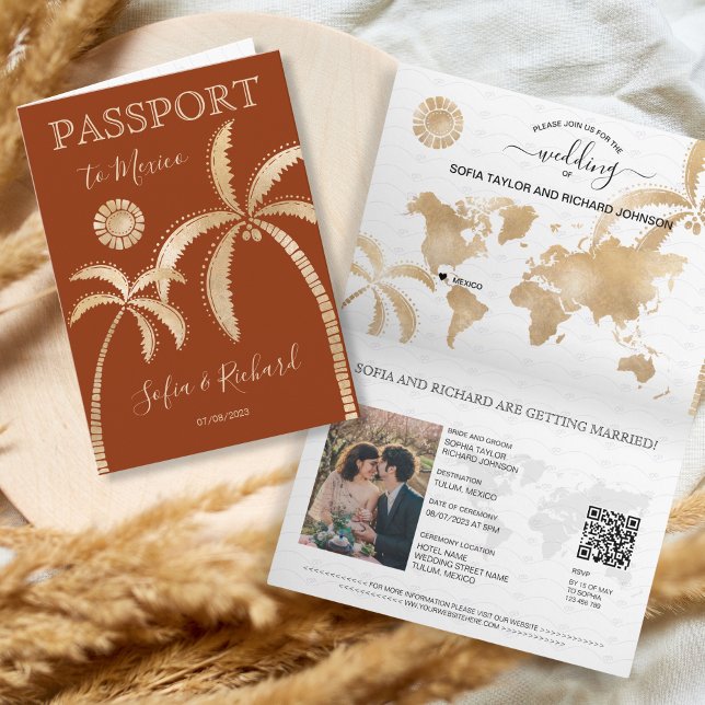 Mexico Terracotta Destination Wedding Passport QR Inbjudan (Skapare uppladdad)
