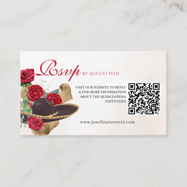 Mexiicana Mariachi Charra Röd ros Quinceanera Tilläggskort (Framsida)