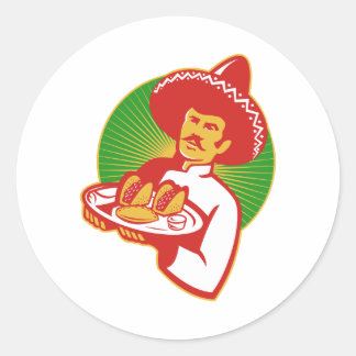 mexikankock som servar taco burrito empanada retro runt klistermärke