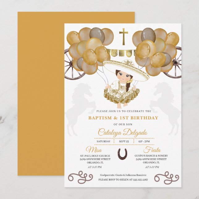 Mexikansk baptism i baby Charra Guld Inbjudningar (Fram/baksida)