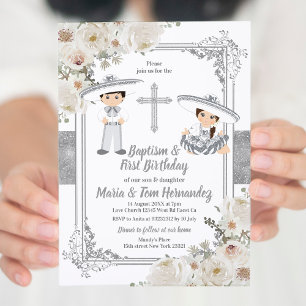 Mexikansk baptism i silver och födelsedagseftermid inbjudningar