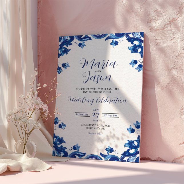 Mexikansk blå Blommigt Elegant Fiesta Bröllop Inbjudningar (Mexican Blue Floral Elegant Fiesta Wedding Invitation)