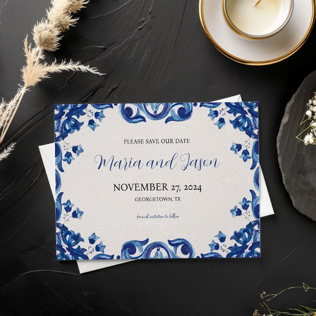 Mexikansk blå Blommigt Elegant Fiesta Bröllop Spara Datumet (Mexican Blue Floral Elegant Fiesta Wedding Save The Date)