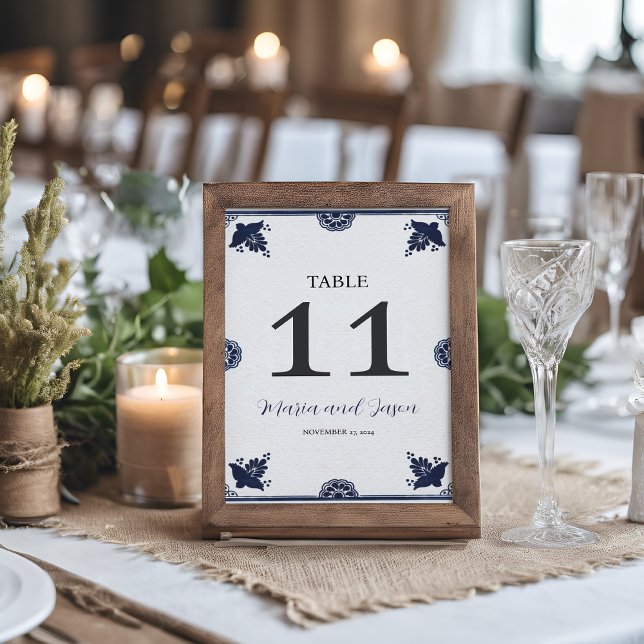 Mexikansk blå Blommigt Otomi Simple Fiesta Bröllop Bordsnummer (Mexican Blue Floral Otomi Simple Fiesta Wedding Table Number)