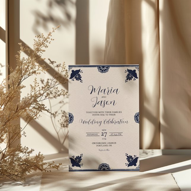 Mexikansk blå Blommigt Otomi Simple Fiesta Bröllop Inbjudningar (Mexican Blue Floral Otomi Simple Fiesta Wedding Invitation)
