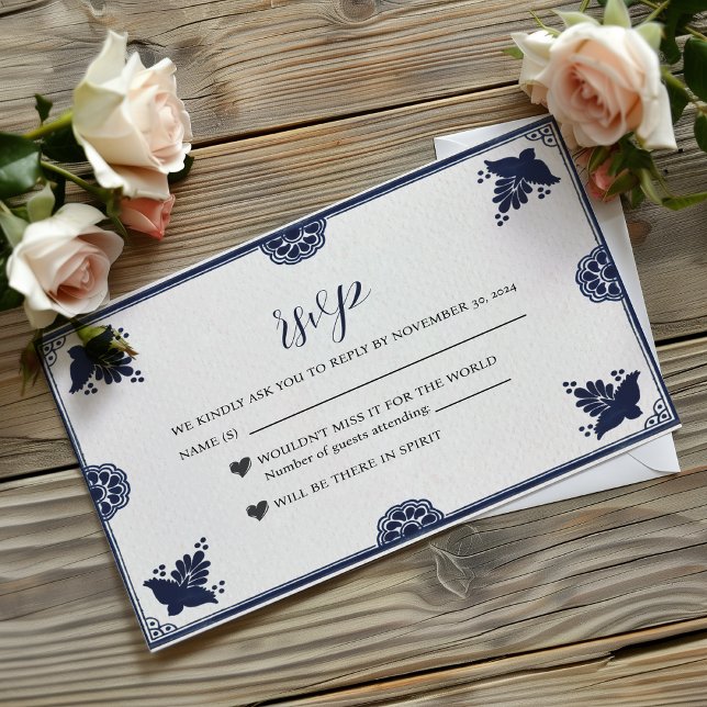 Mexikansk blå Blommigt Otomi Simple Fiesta Bröllop OSA Kort (Mexican Blue Floral Otomi Simple Fiesta Wedding RSVP Card)