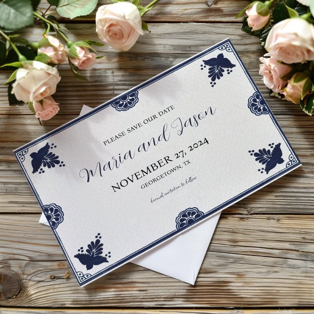 Mexikansk blå Blommigt Otomi Simple Fiesta Bröllop Spara Datumet (Mexican Blue Floral Otomi Simple Fiesta Wedding Save The Date)