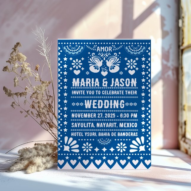 Mexikansk blå Papel Picado-fest firande folkkonst  Inbjudningar (Mexican Blue Papel Picado Fiesta Folk Art Wedding Invitation)