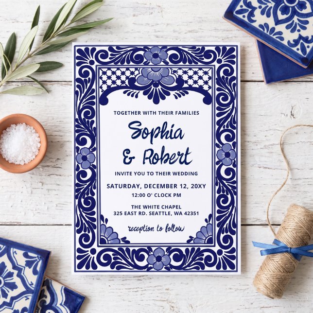 Mexikansk Blå Talavera Bröllop Inbjudningar (Mexican Blue Talavera Wedding Invitation)