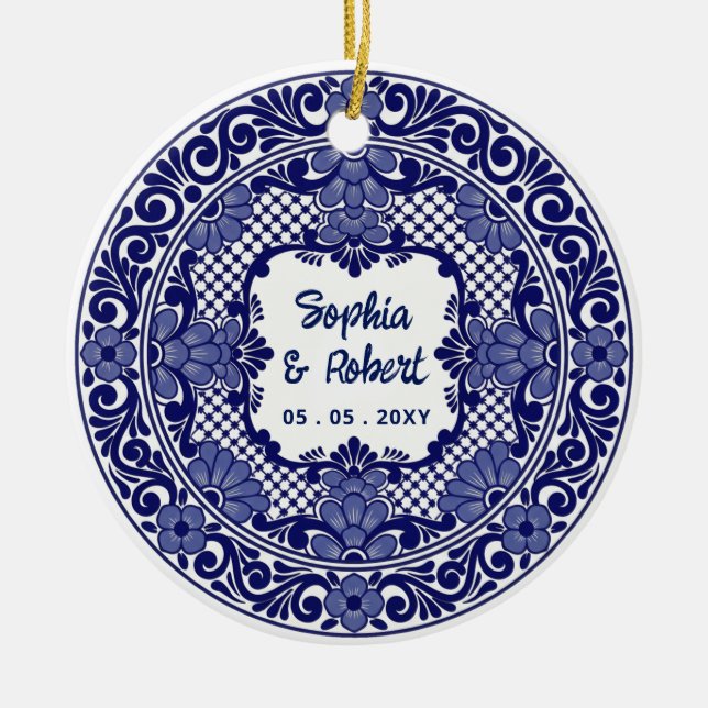 Mexikansk Blå Talavera Bröllop Julgransprydnad Keramik (Framsidan)