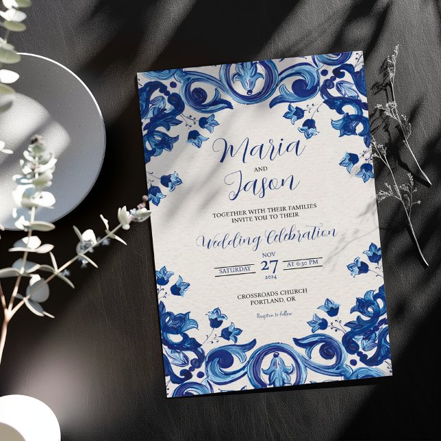 Mexikansk Blå Talavera Majolica Blommig Boda Bröll Inbjudningar (Mexican Blue Talavera Majolica Floral Boda Wedding Invitation)
