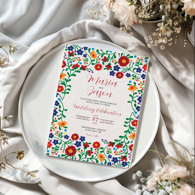 Mexikansk Blommig Färgrik Folklig Bröllopsfest Inbjudningar (Mexican Floral Colorful Folk Art Wedding Invitation)