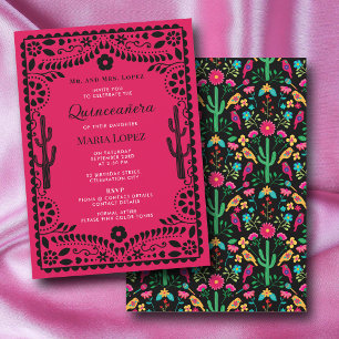 Mexikansk Blommig Fiesta Rosa Svart Quinceañera Inbjudningar
