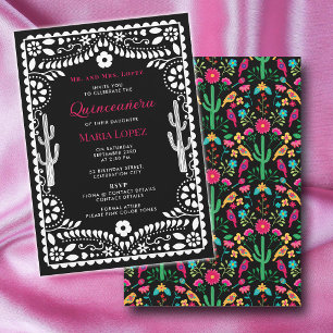 Mexikansk Blommig Fiesta Rosa Svart Quinceañera Inbjudningar