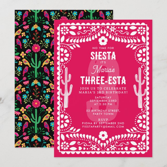 Mexikansk Blommig Fiesta Rosa Tre-Esta 3-års Födel Inbjudningar (Fram/baksida)