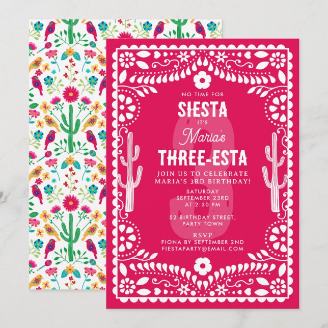 Mexikansk Blommig Fiesta Rosa Tre-Esta 3-års Födel Inbjudningar (Fram/baksida)