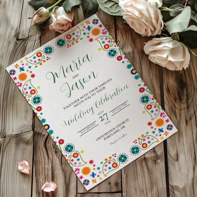 Mexikansk Blommigt Aesthetic Folk Art Colorful Brö Inbjudningar (Mexican Floral Aesthetic Folk Art Colorful Wedding Invitation)