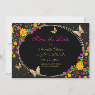 Mexikansk Blommigt Black Guld Butterfly Quinceaner Spara Datumet