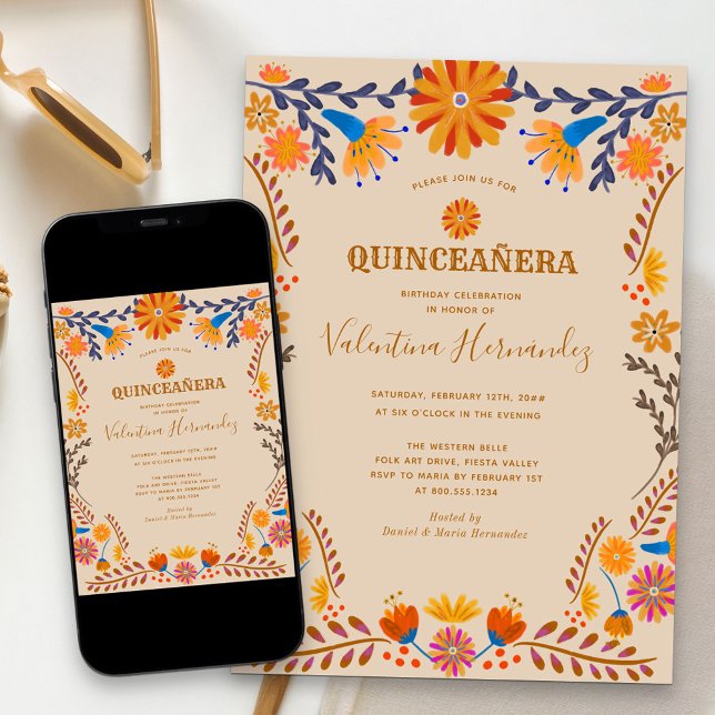 Mexikansk Blommigt Earthy Western Quinceanera Inva Inbjudningar (Western style Quinceanera invitation with folk art flowers from my Mexican Floral collection)