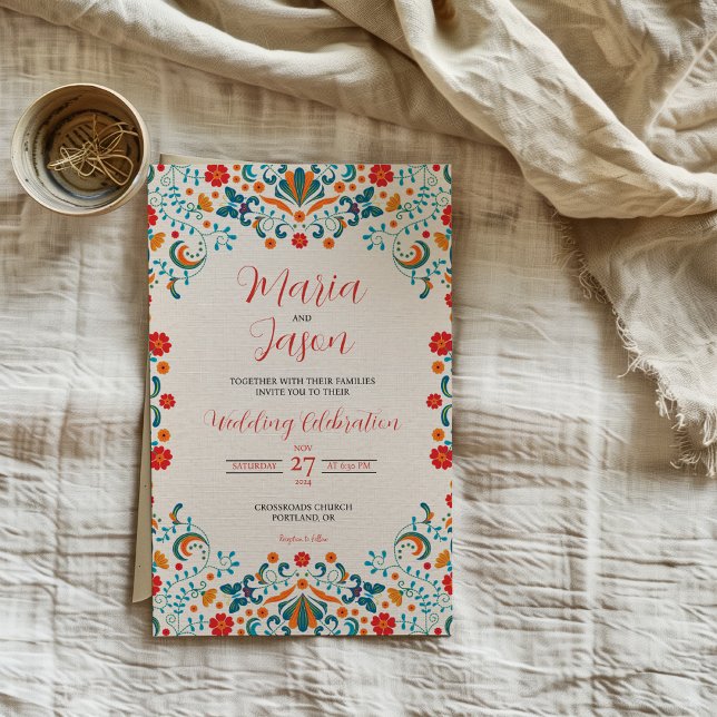 Mexikansk Blommigt Elegant Färgfull botaniska Bröl Inbjudningar (Mexican Floral Elegant Colorful Botanical Wedding Invitation)